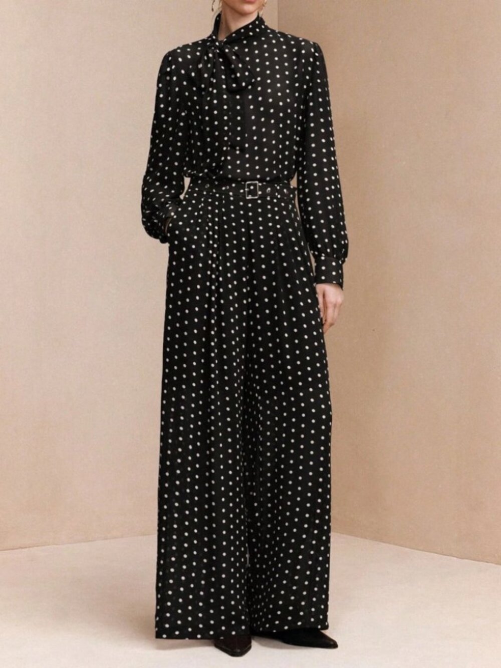 Black Polka Dot Tie Neck Blouse & Wide Leg Pants Set